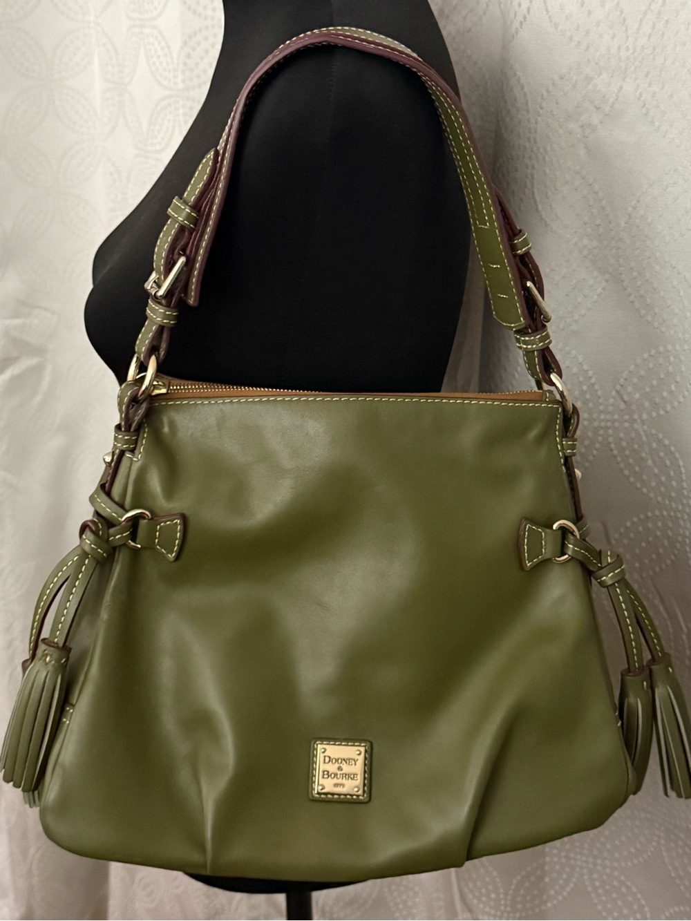 Dooney & Bourke Olive Green Leather Shoulder Bag with Brown Trim